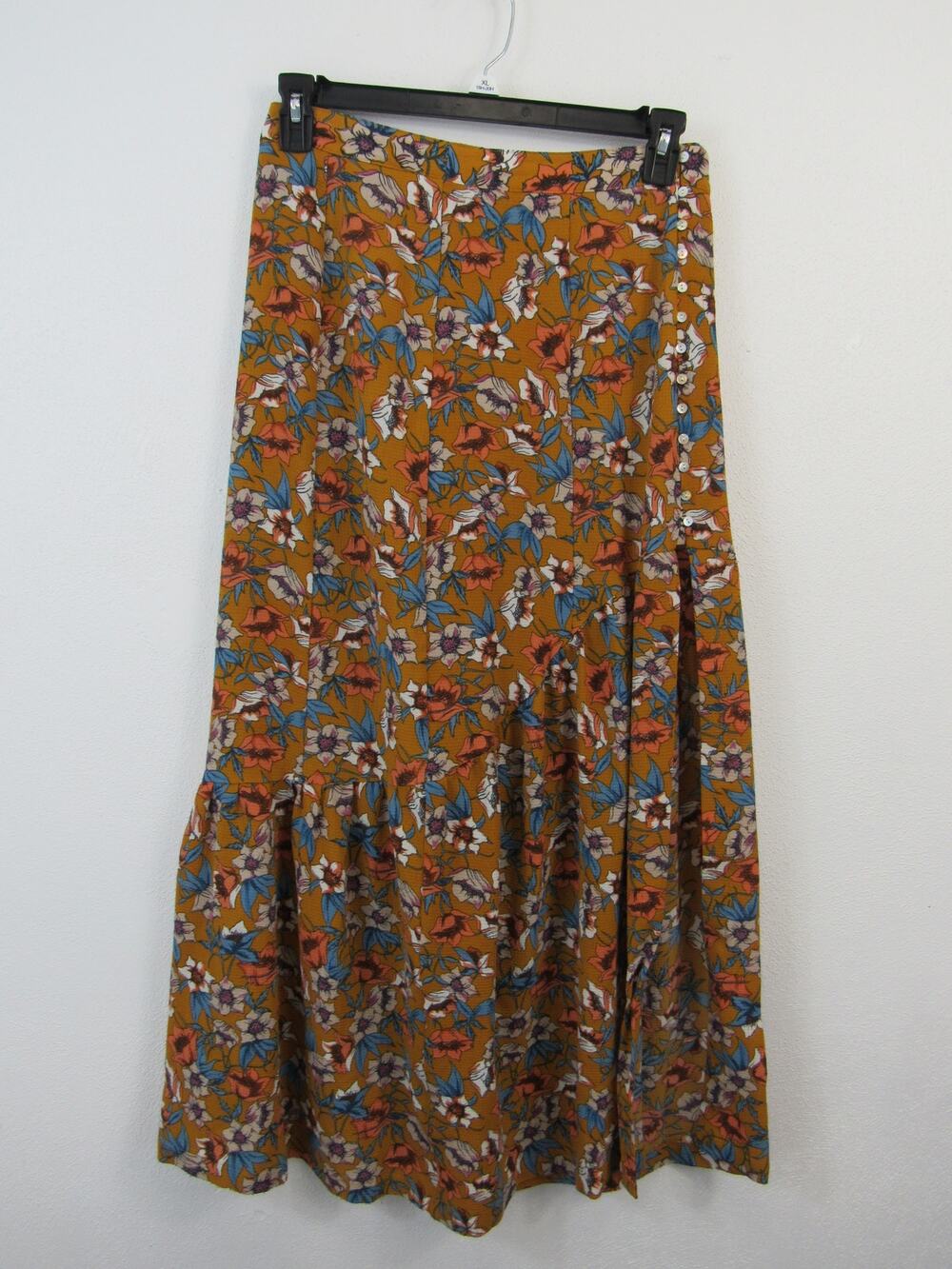 E.ssue Large Floral Tiered Midi Skirt Slit & Button Details Orange Multicolored